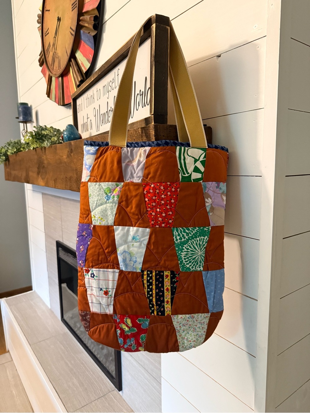 Patchwork Quilted Tote Bag in Brown and Multi